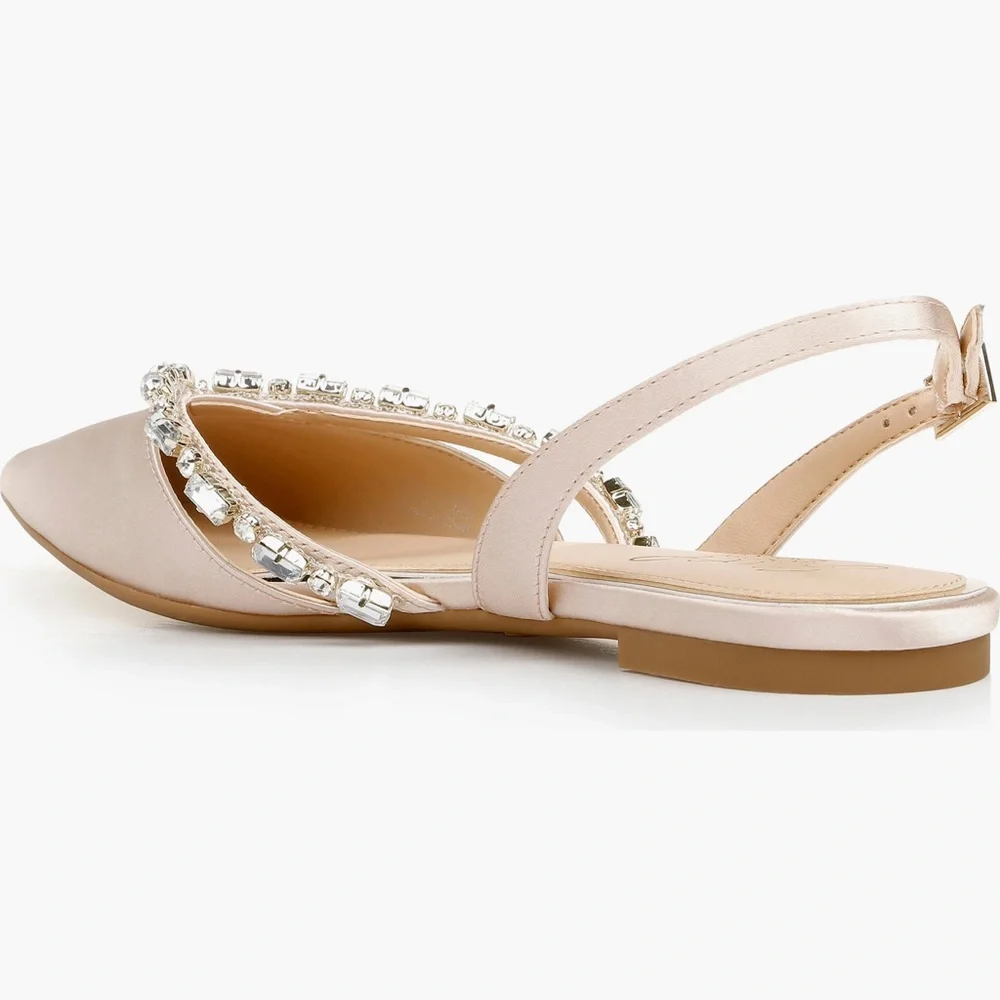 Jewel Badgley Mischka Satin Flats in Champagne with Crystal Embellishments - Picture 3 of 7